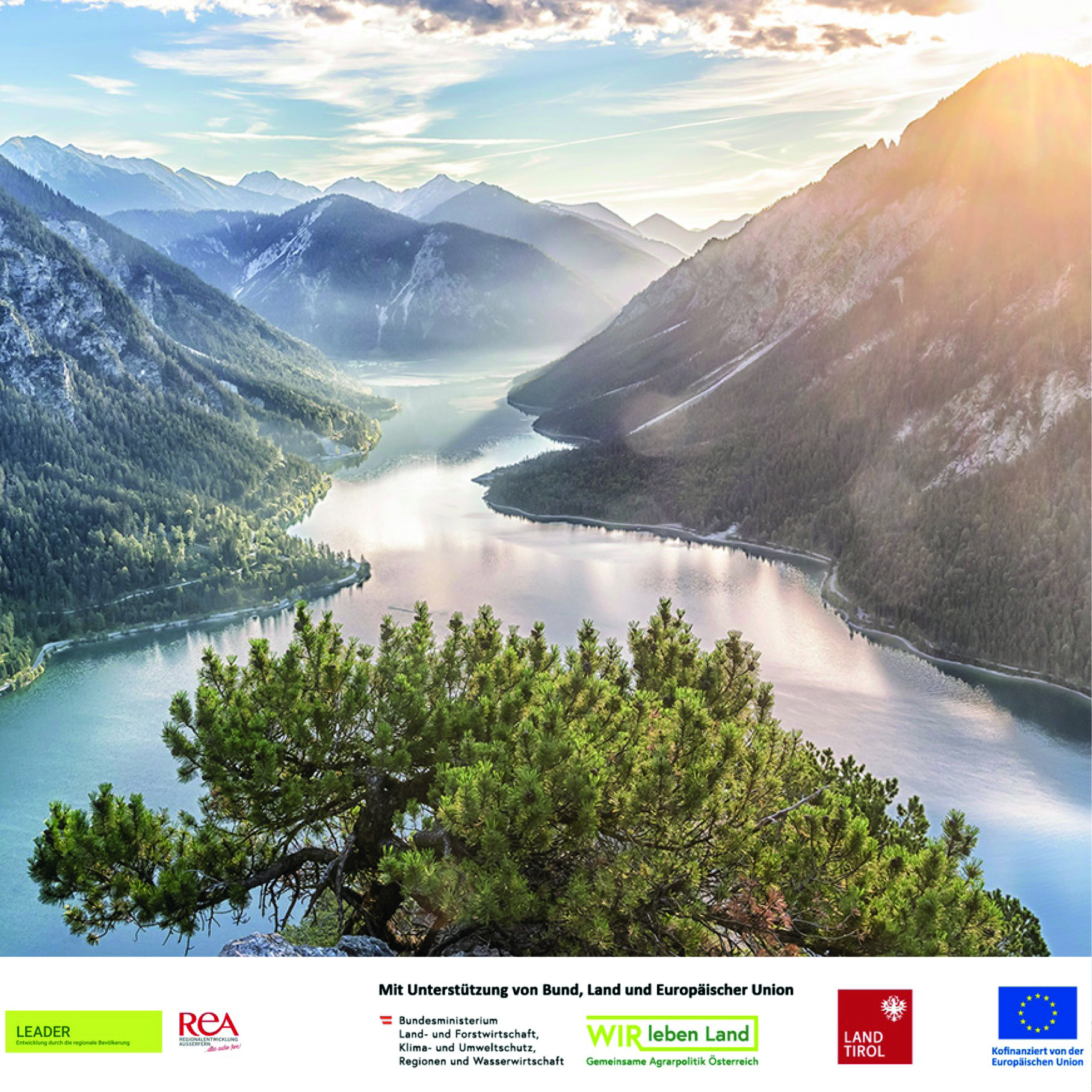 Panoramablick auf den Plansee im Morgenlicht, umgeben von bewaldeten Bergen mit Logoleiste zu einem Förderprojekt im unteren Bereich des Bildes